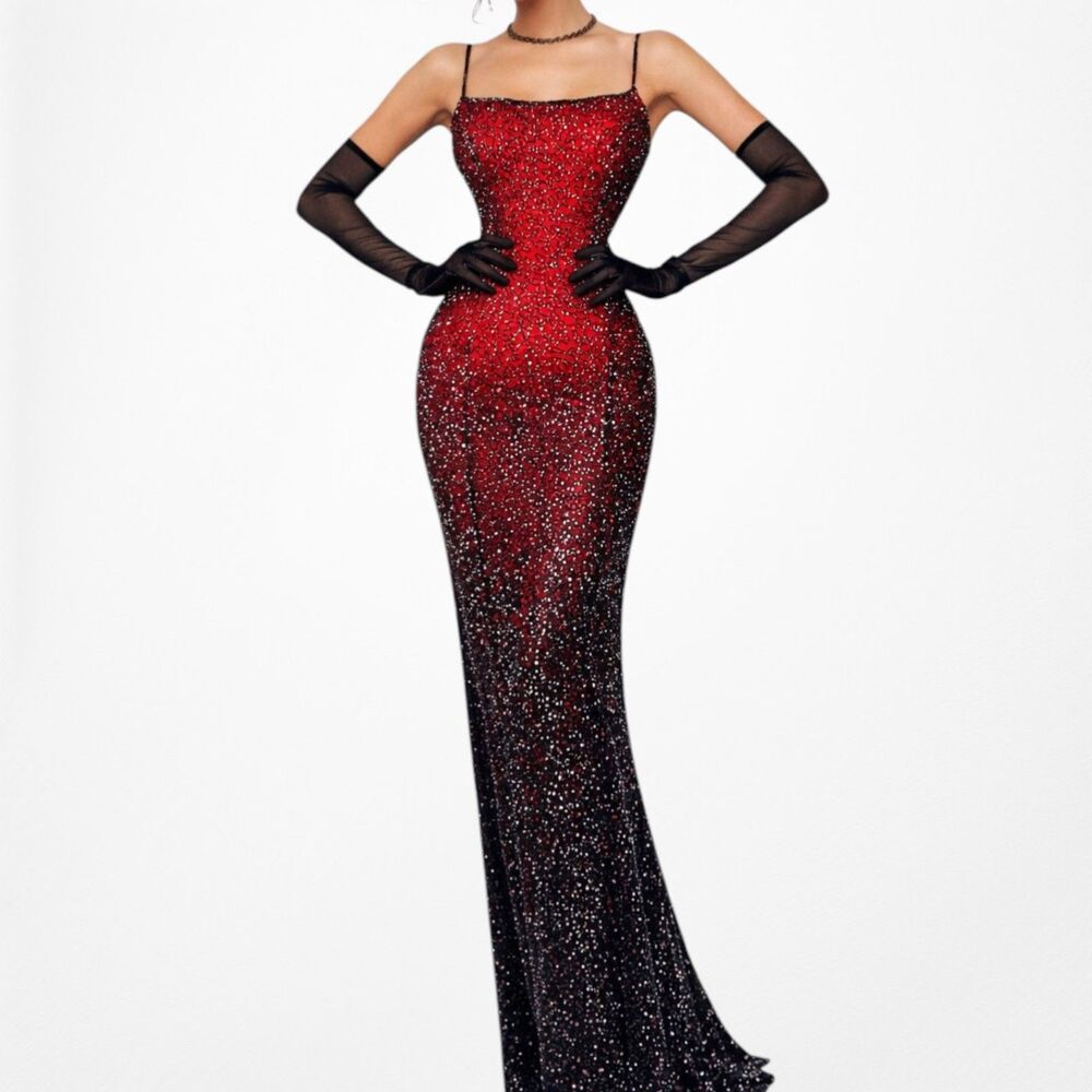 Vintage Y2K 90s Burgundy Red Silk Beaded Ombre Bodycon Maxi Prom Dress Size S